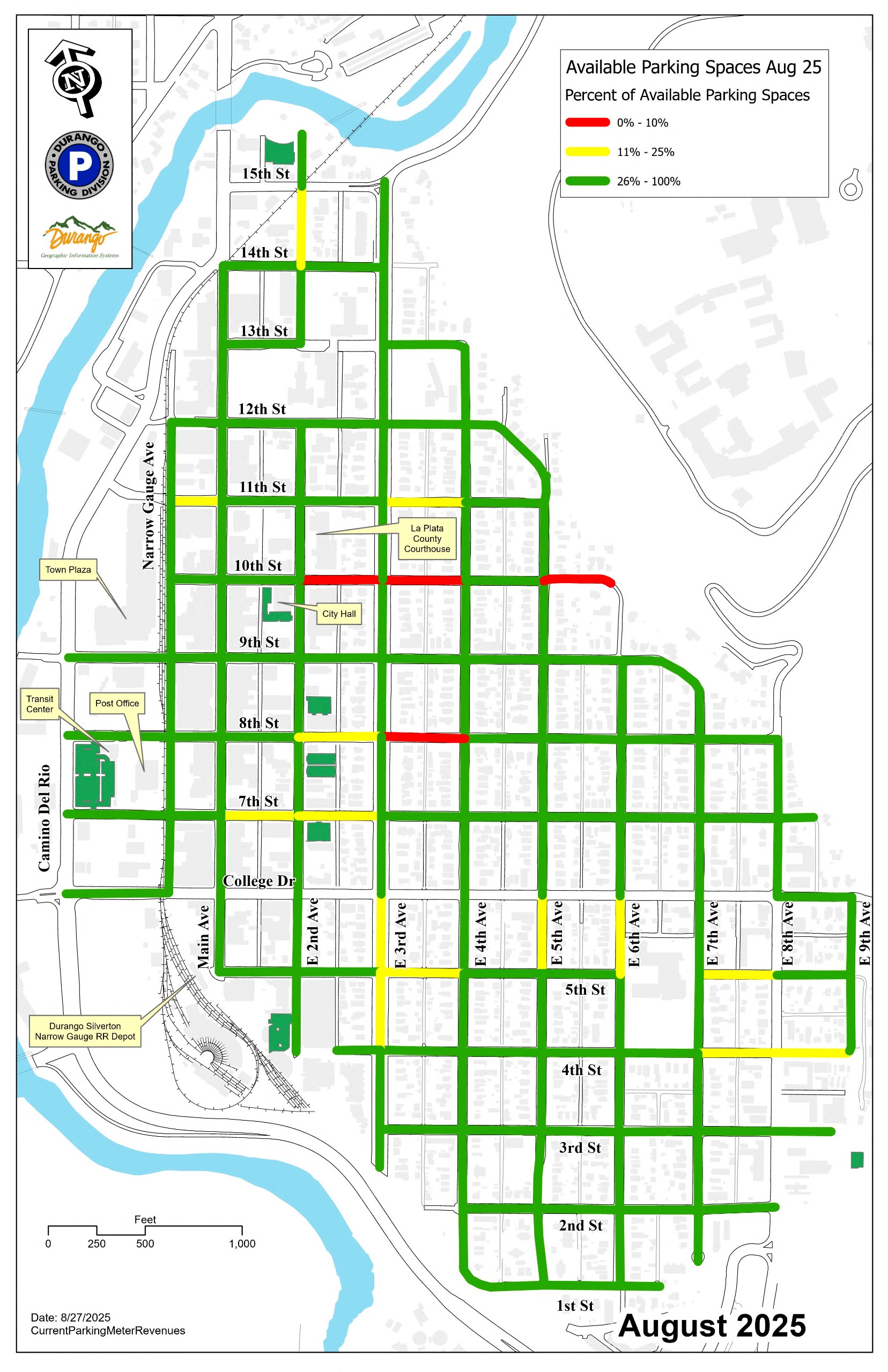The map is compile from four counts monthly to get an average showing where parking is most available in green at 26-100%, yellow at 11-25% available and red showing 0-10% available parking. 